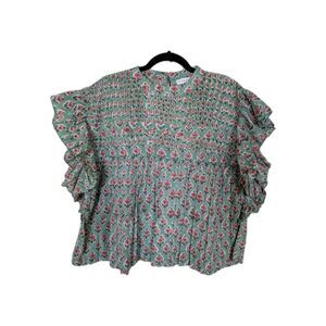 Marea Flutter Sleeve Blockprint Green Pink L Romantic